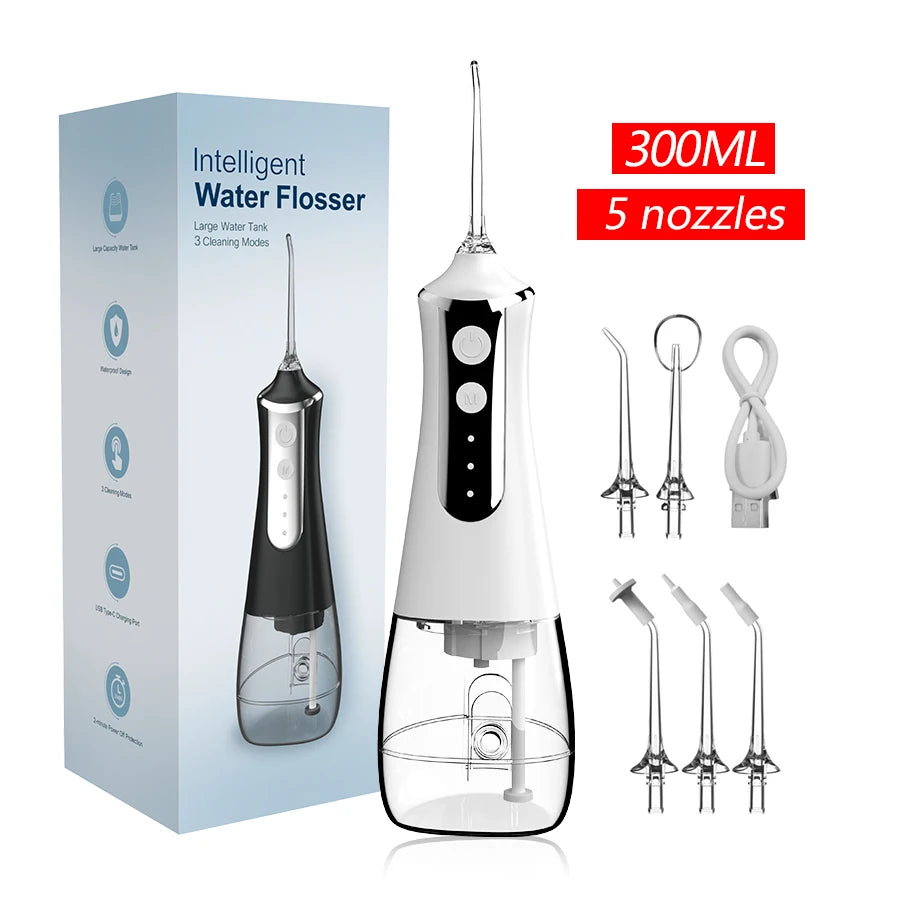 Rechargeable Water Flosser – 5 Nozzles, 3 Modes, 300ml Tank